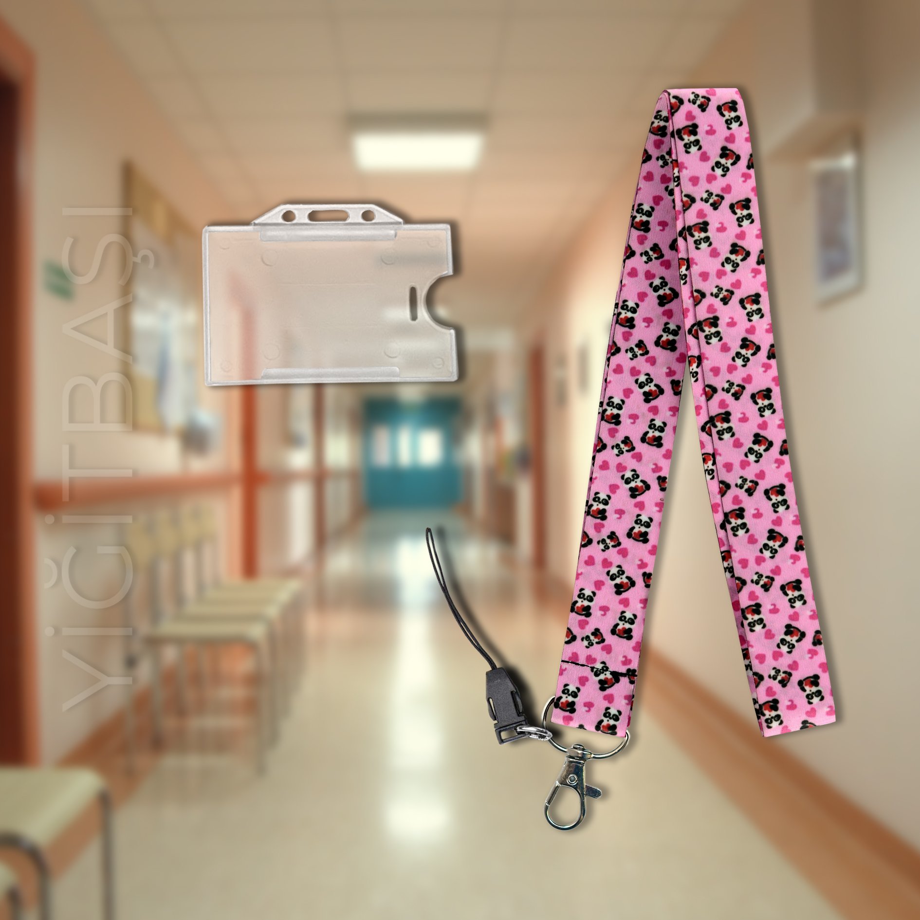 Pembe Panda Yavrulu Desen Kart Askı İpi, Yaka Askı İpi, Boyun Askı İpi ve Telefon Askı Aparatı + Şeffaf Plastik Kartlık | Okul, Hastane, Fuar, Stand, Aşçı, Güvenlik