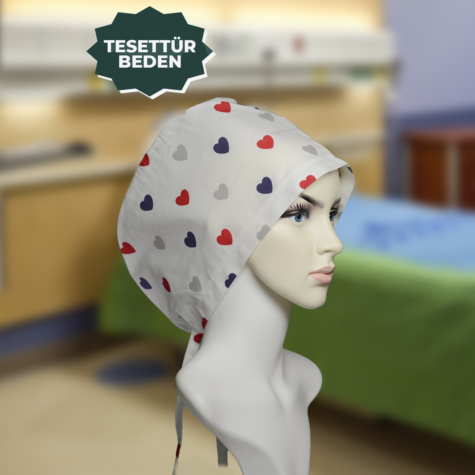 Tesettür Bone | Mavi Kırmızı Kalp | Doktor, Hemşire, Aşçı ve Anne Kullanımı