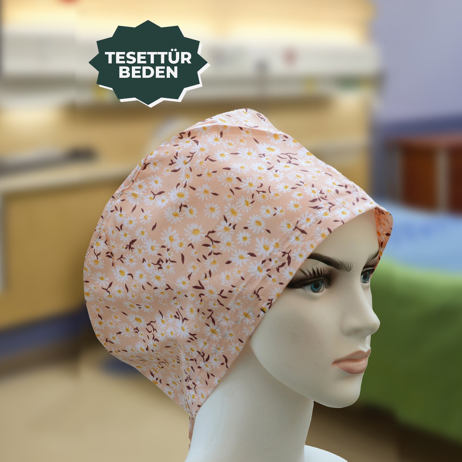 Tesettür Bone | Pudra Papatya Desen | Doktor, Hemşire, Aşçı ve Anne Kullanımı