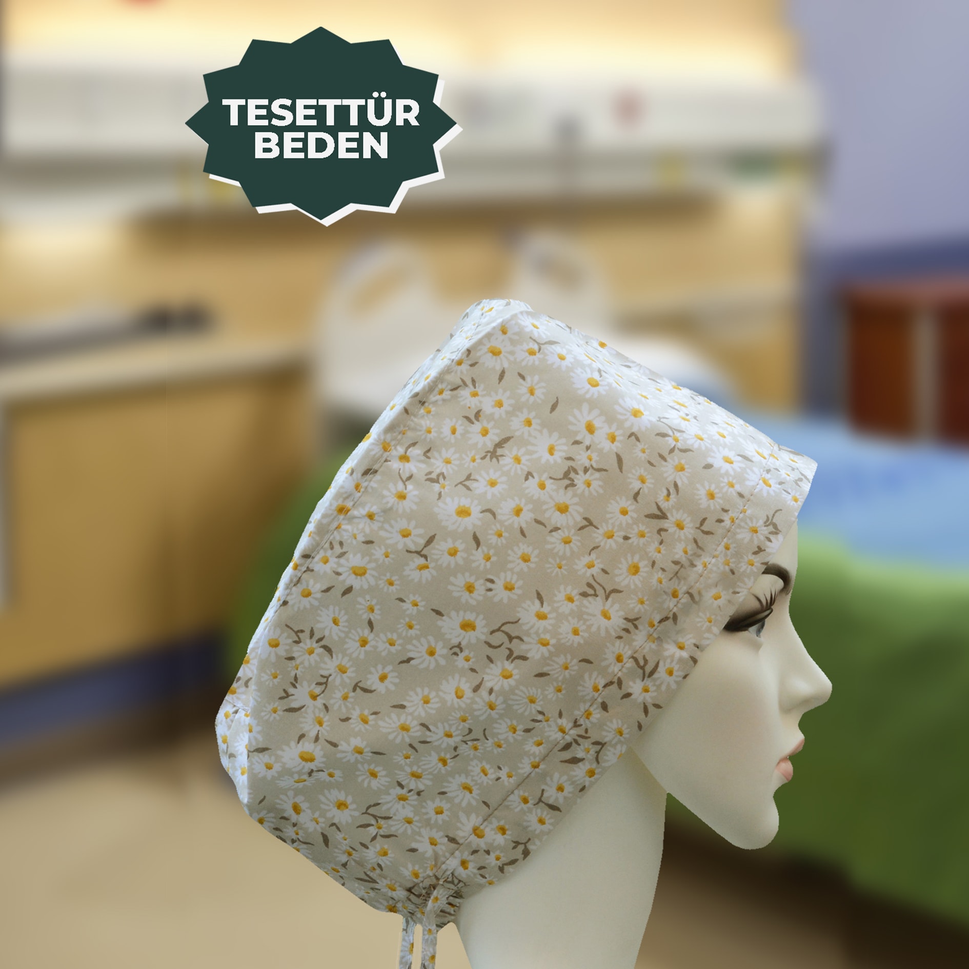 Tesettür Bone | Bej Papatya Desen | Doktor, Hemşire, Aşçı ve Anne Kullanımı
