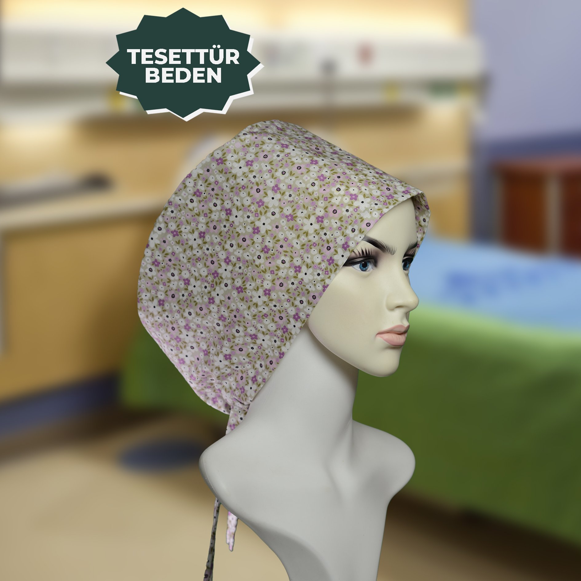 Tesettür Bone | Mor Papatya Desen | Doktor, Hemşire, Aşçı ve Anne Kullanımı