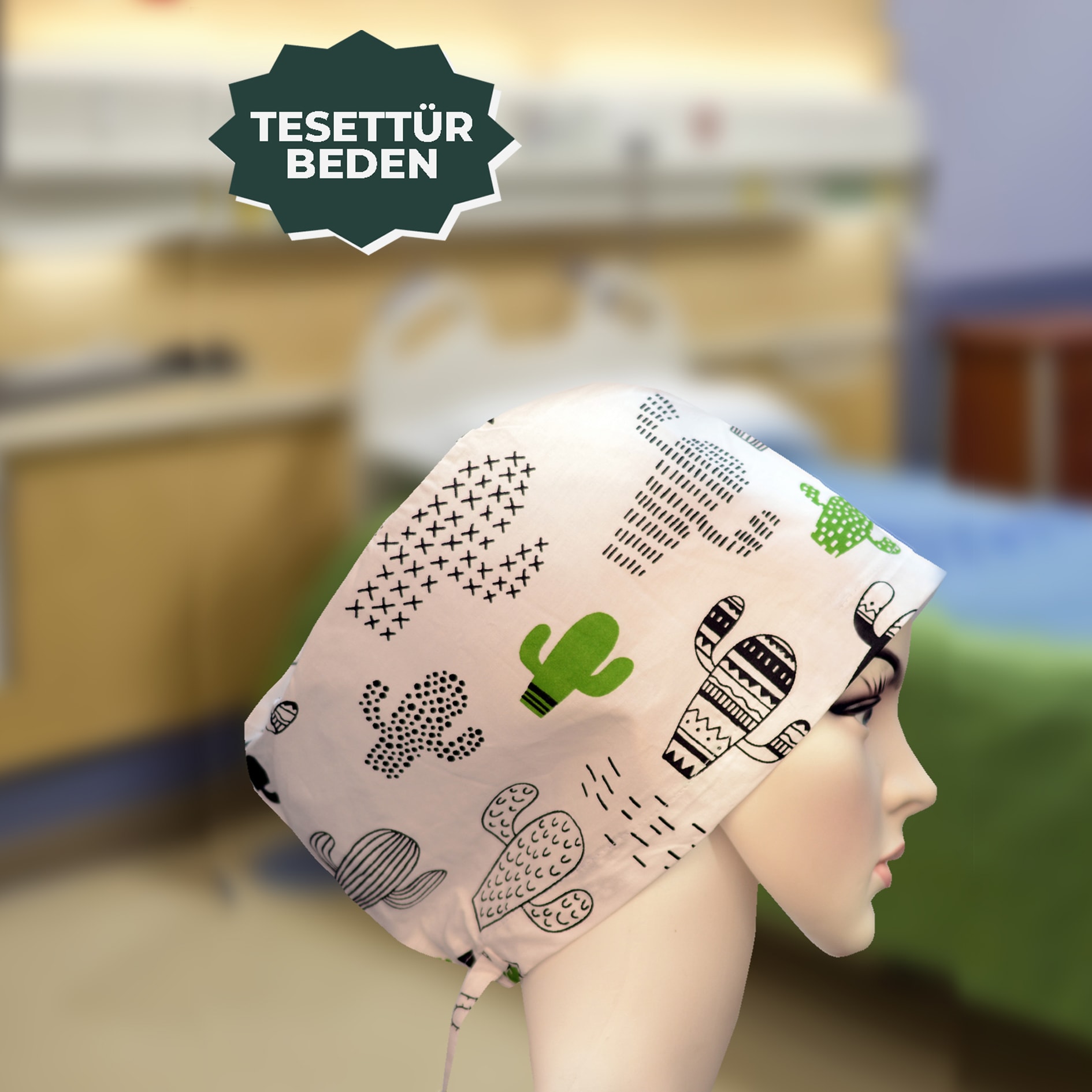 Tesettür Bone | Beyaz Kaktüslü | Doktor, Hemşire, Aşçı ve Anne Kullanımı