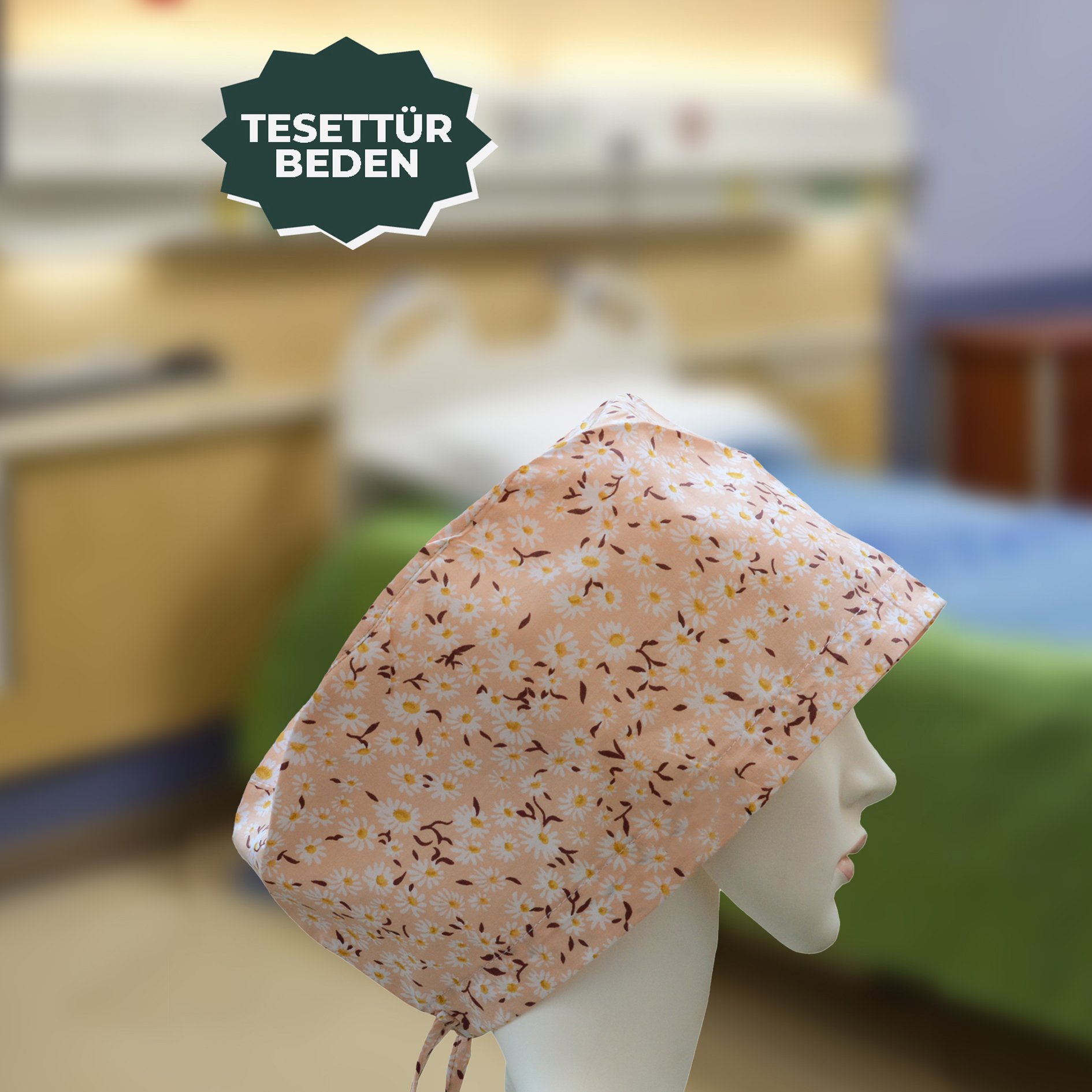 Tesettür Bone | Pudra Papatya Desen | Doktor, Hemşire, Aşçı ve Anne Kullanımı
