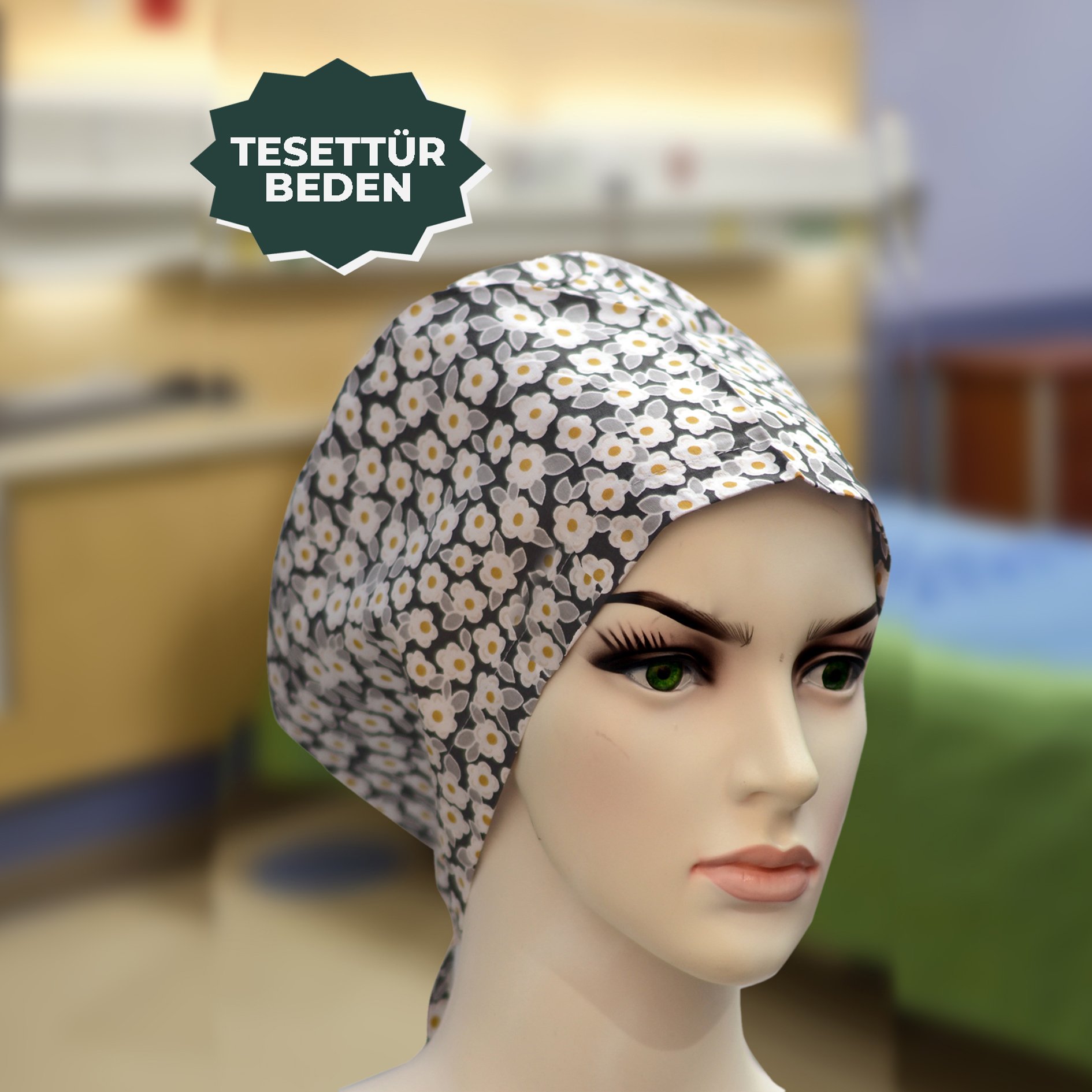 Tesettür Bone | Arka Gri Çiçekli | Doktor, Hemşire, Aşçı ve Anne Kullanımı