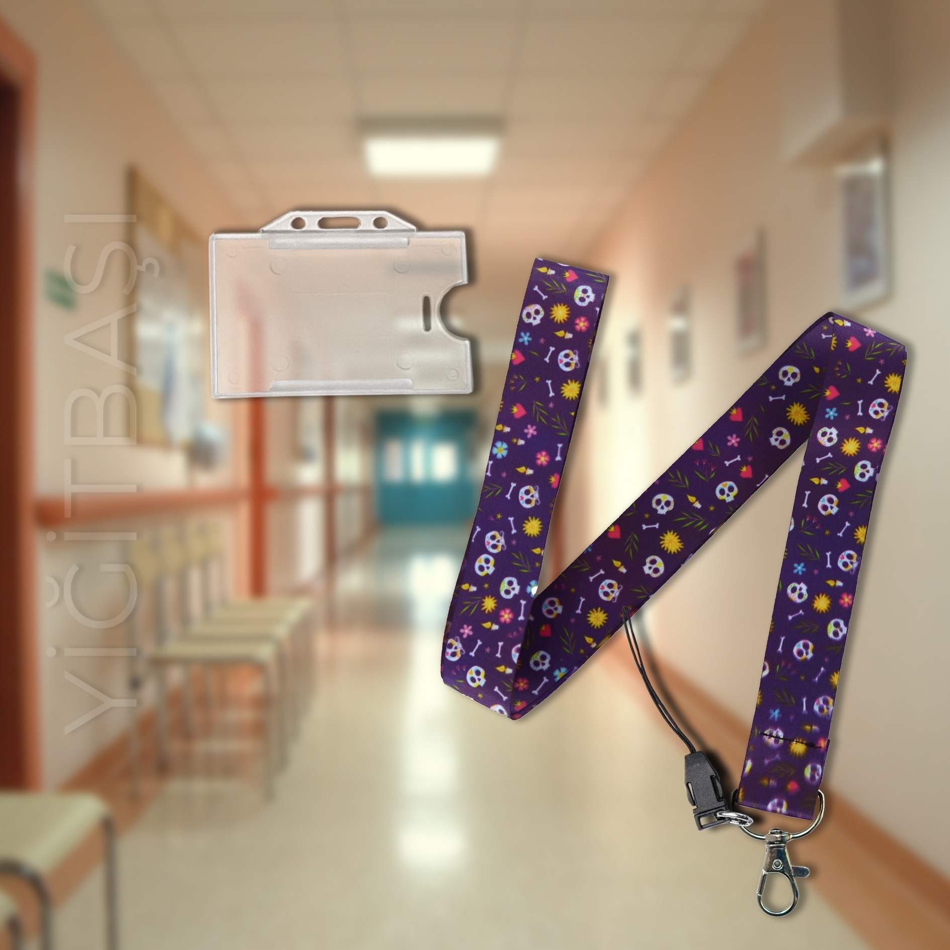 Kemik ve İskelet Desen Kart Askı İpi, Yaka Askı İpi, Boyun Askı İpi ve Telefon Askı Aparatı + Şeffaf Plastik Kartlık | Okul, Hastane, Fuar, Stand, Aşçı, Güvenlik