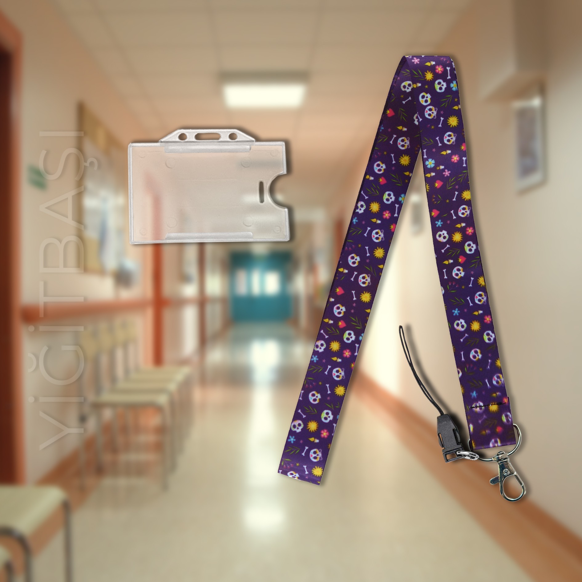 Kemik ve İskelet Desen Kart Askı İpi, Yaka Askı İpi, Boyun Askı İpi ve Telefon Askı Aparatı + Şeffaf Plastik Kartlık | Okul, Hastane, Fuar, Stand, Aşçı, Güvenlik