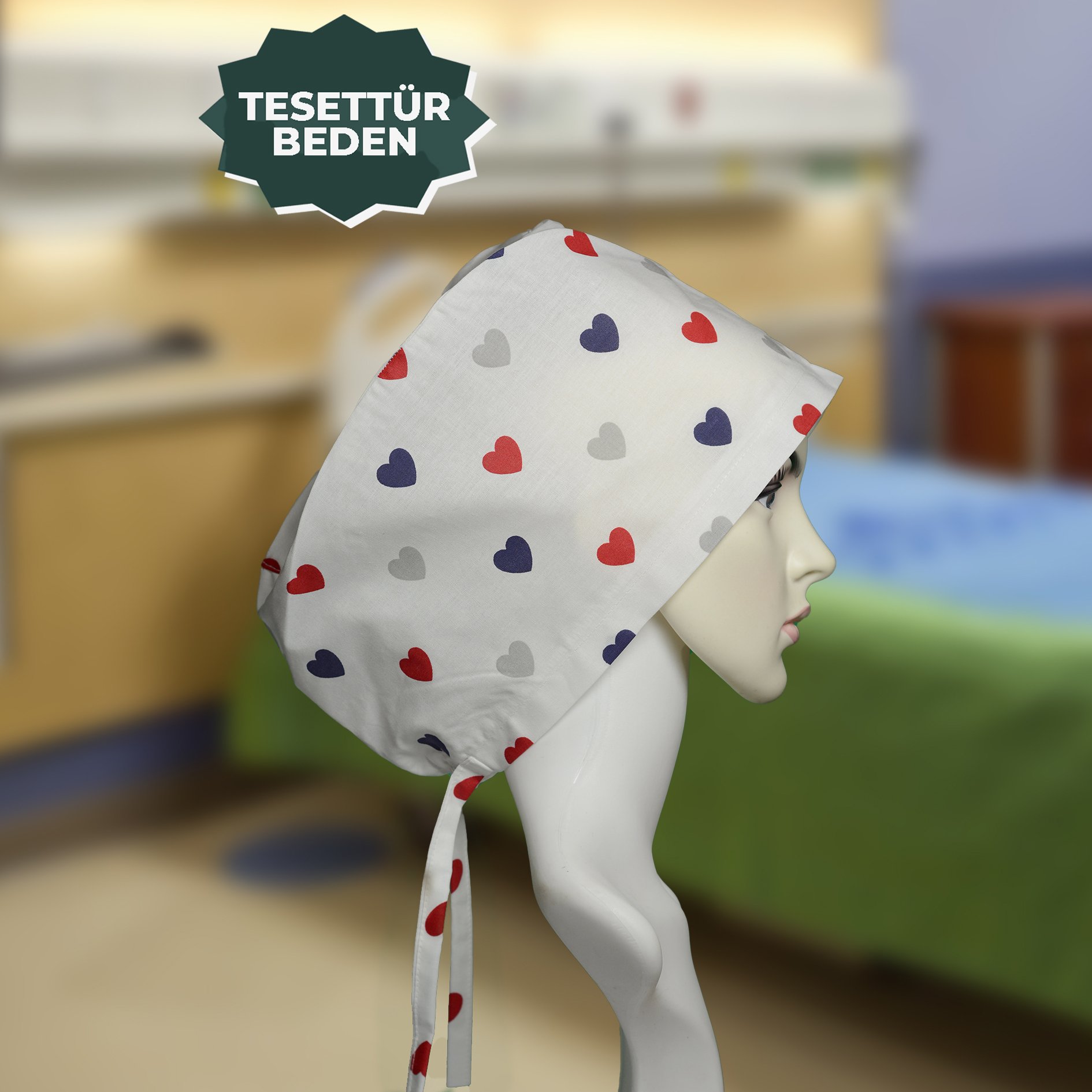 Tesettür Bone | Mavi Kırmızı Kalp | Doktor, Hemşire, Aşçı ve Anne Kullanımı