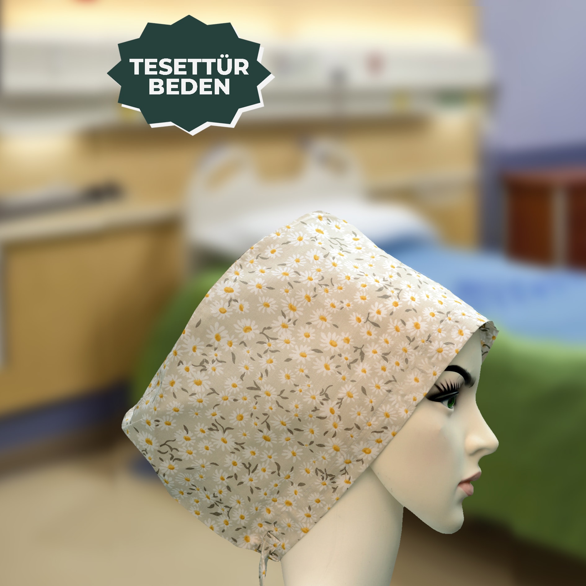 Tesettür Bone | Bej Çiçekli | Doktor, Hemşire, Aşçı ve Anne Kullanımı