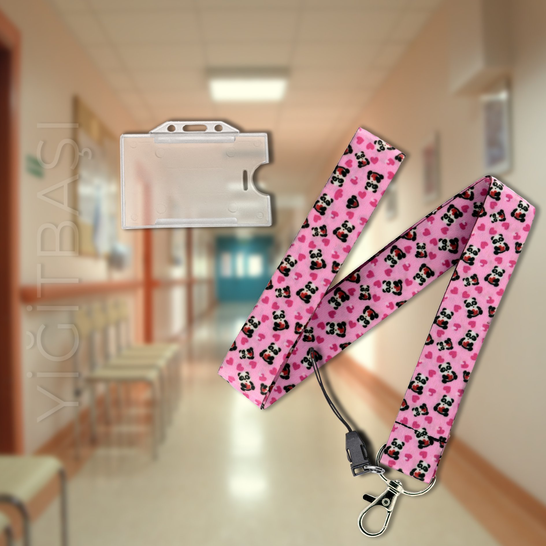Pembe Panda Yavrulu Desen Kart Askı İpi, Yaka Askı İpi, Boyun Askı İpi ve Telefon Askı Aparatı + Şeffaf Plastik Kartlık | Okul, Hastane, Fuar, Stand, Aşçı, Güvenlik