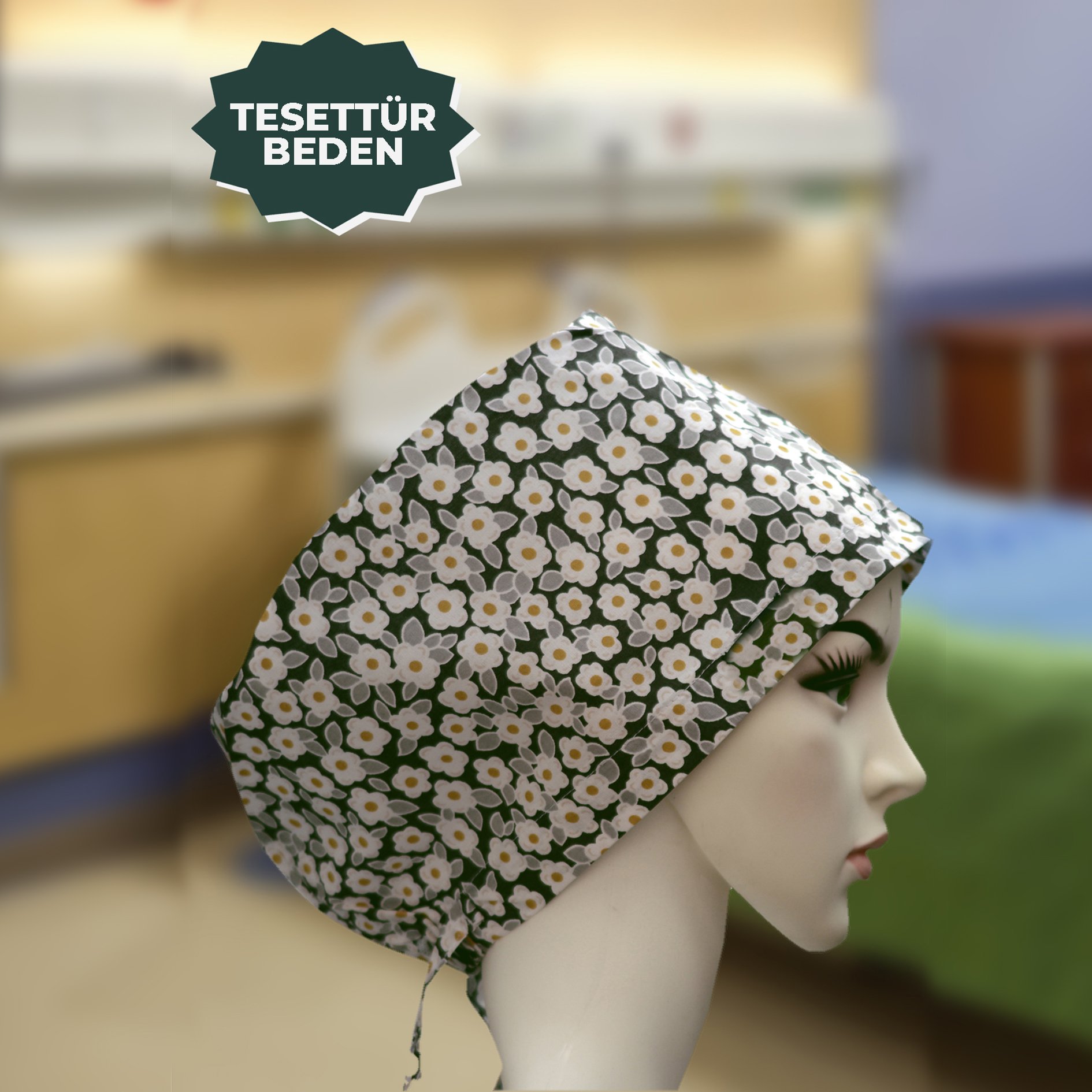 Tesettür Bone | Arka Gri Çiçekli | Doktor, Hemşire, Aşçı ve Anne Kullanımı