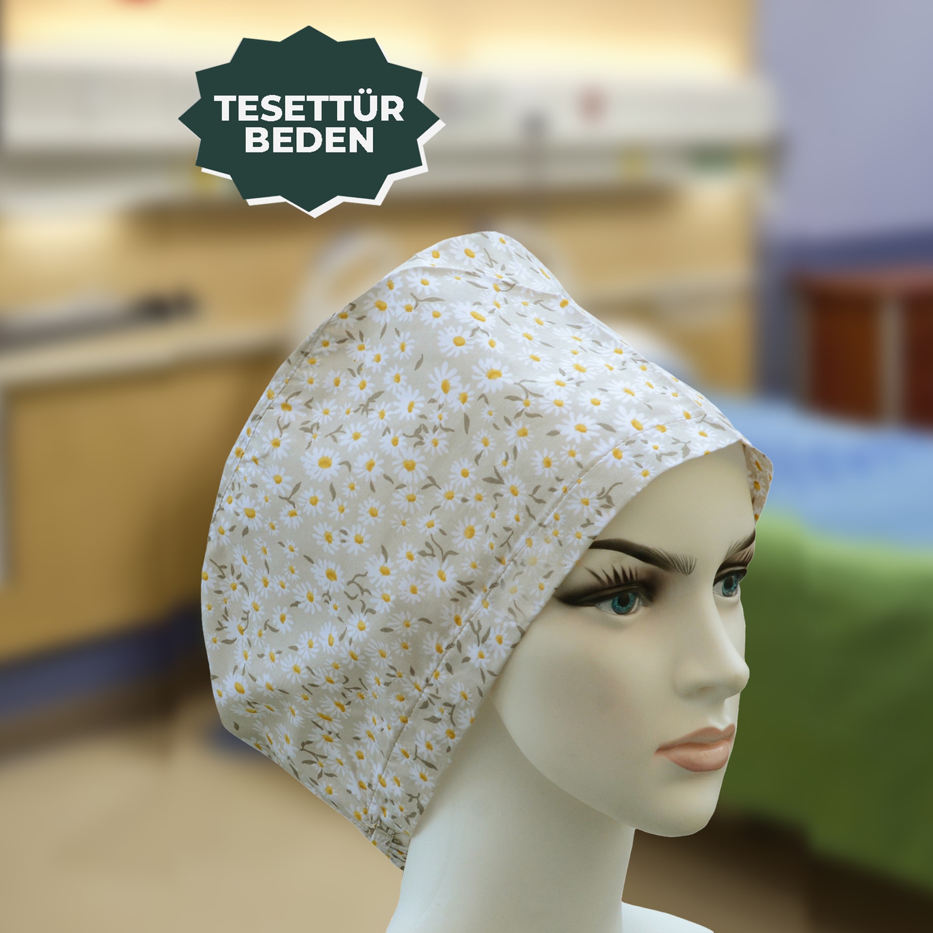 Tesettür Bone | Bej Papatya Desen | Doktor, Hemşire, Aşçı ve Anne Kullanımı