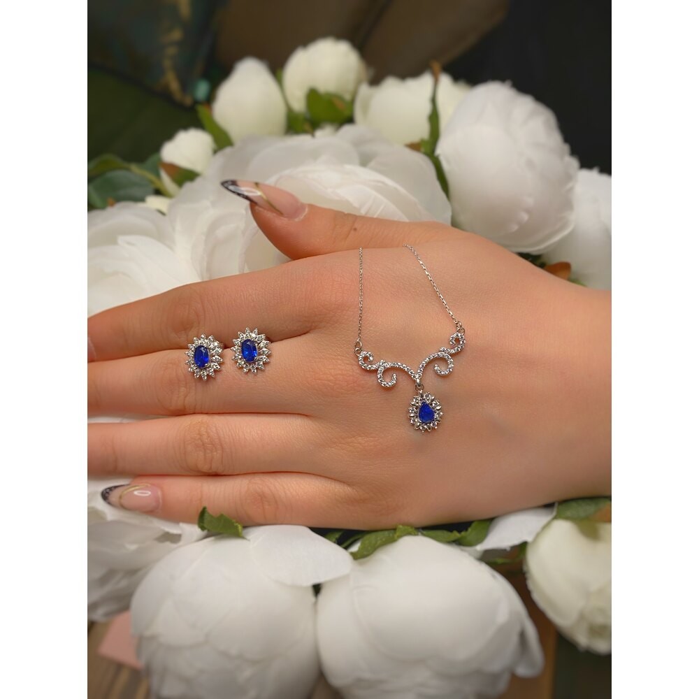 PIRLANTA MONTÜR YAĞMUR TANESİ SAFIR ASALET MÜHRÜ GÜMÜŞ SET