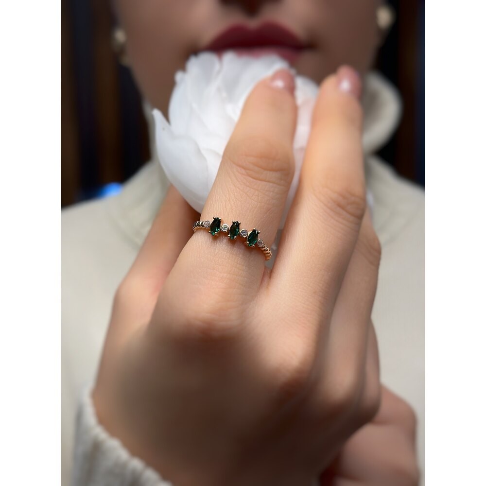 Zümrüt Taşlı Mekik Işıltısı Rosegold Gümüş Yüzük