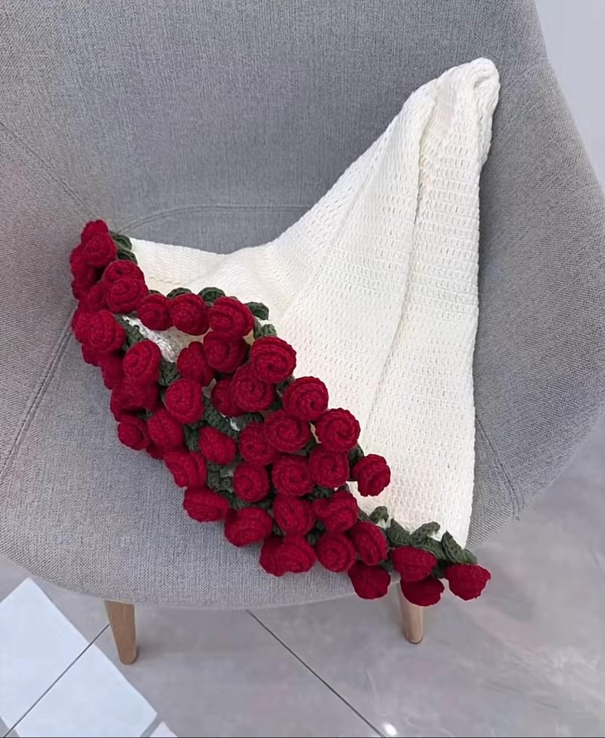 El Yapımı Kırmızı Gül Detaylı Şal ve Battaniye (100cm)
