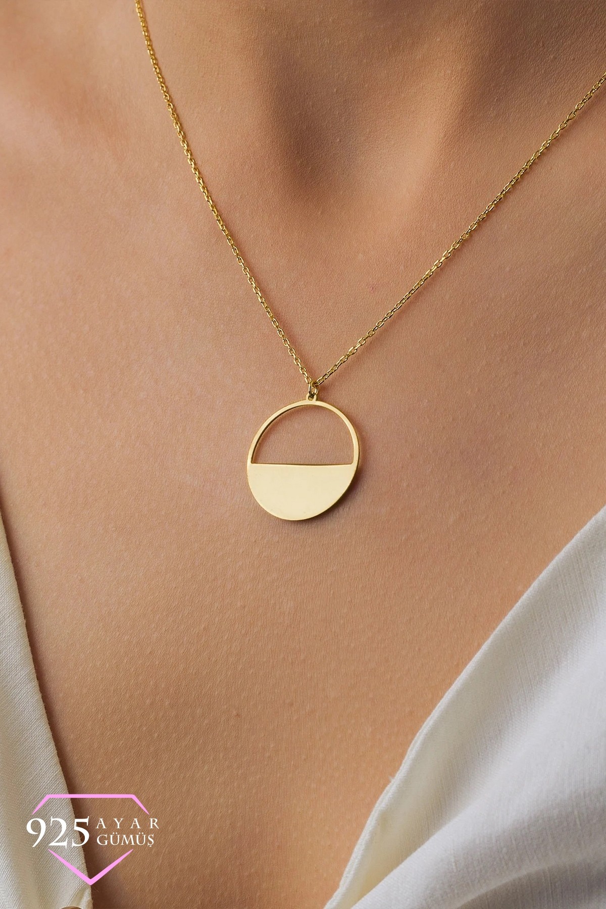 Minimalist Tasarım Oval Gümüş Kolye 925 Ayar Gold Kaplama