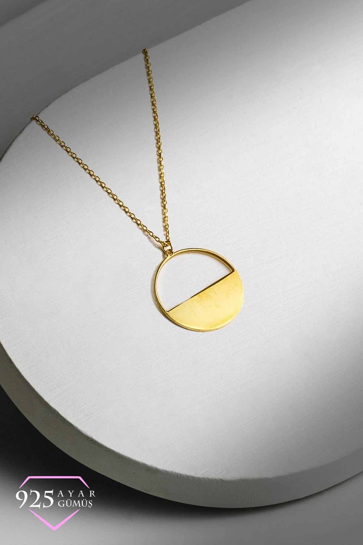 Minimalist Tasarım Oval Gümüş Kolye 925 Ayar Gold Kaplama