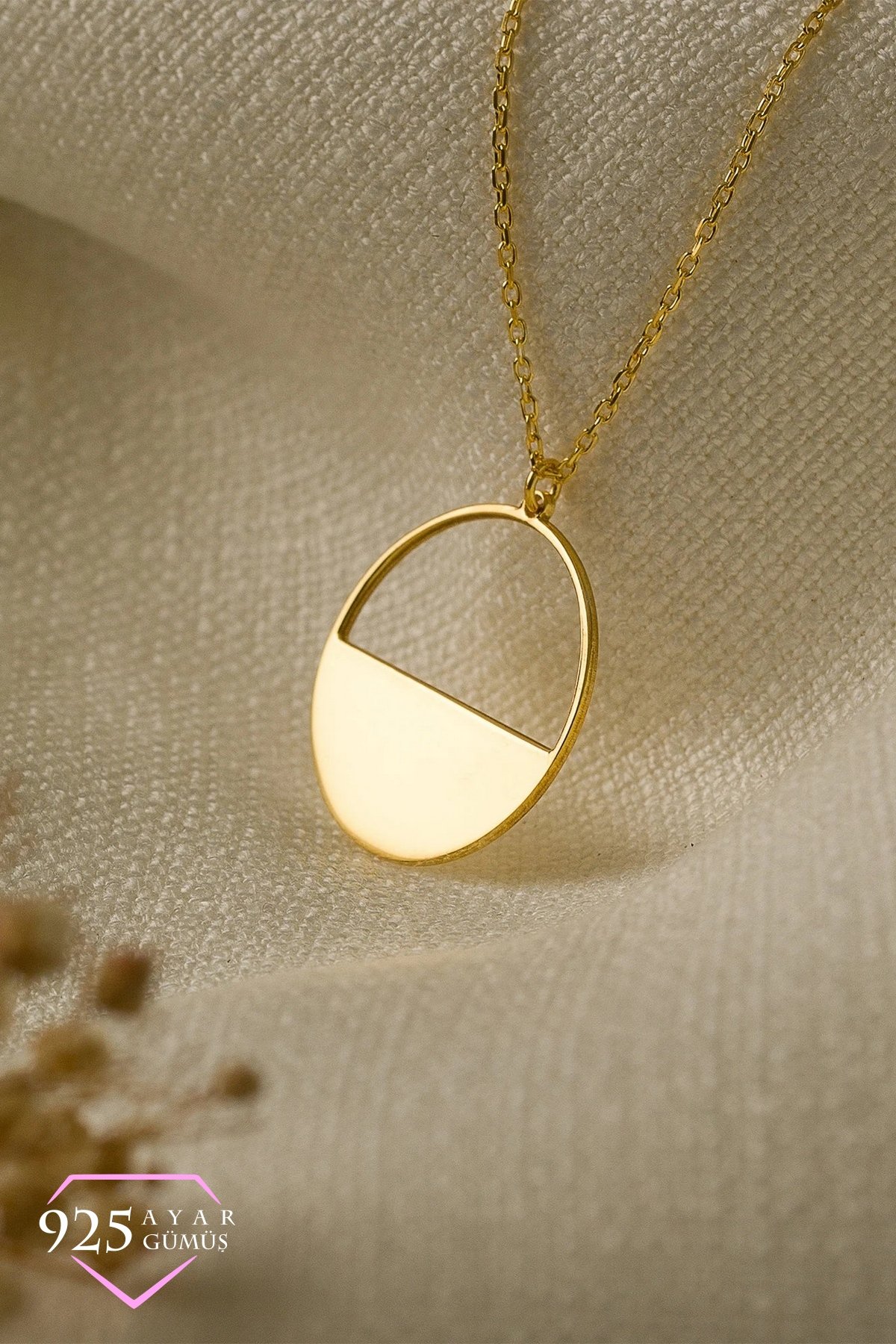 Minimalist Tasarım Oval Gümüş Kolye 925 Ayar Gold Kaplama