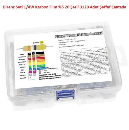 Direnç Seti 1/4W Karbon Film %5 20'Şerli 3120 Adet 156 Çeşit Şeffaf Çantada