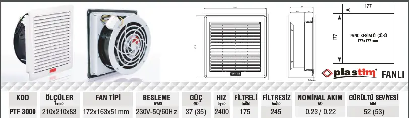 Plastim PTF3000 210x210x92mm 175m³/h IP54 Filtreli Fan 2025