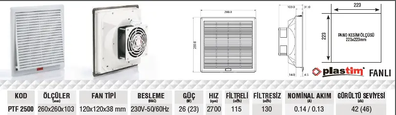 Plastim PTF2500 260x260x103mm 115m³/h IP54 Filtreli Fan 2025