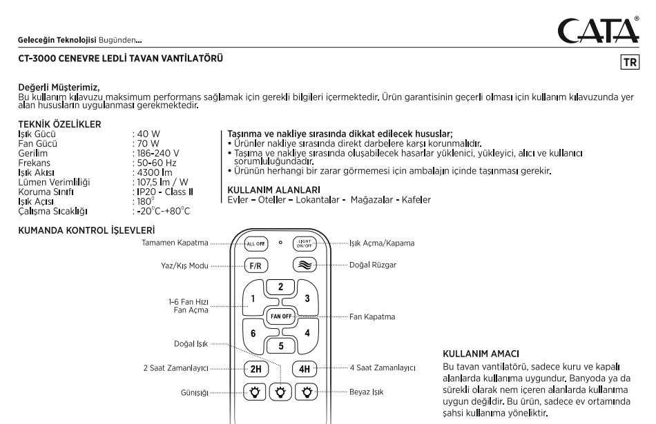 Cata Cenevre Ledli Tavan Vantilatörü Ct-3000
