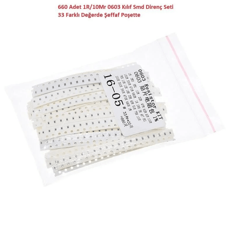 660 Adet 1R/1Mr 0603 Kılıf Smd Direnç Seti %1 33 Farklı Değerde Şeffaf Poşette