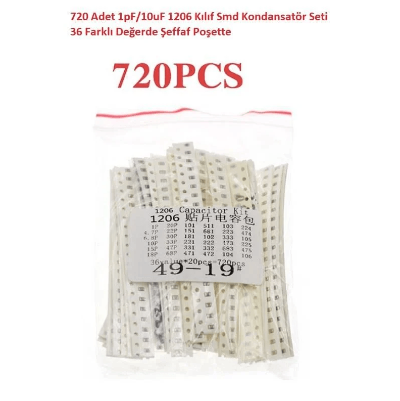 720 Adet 1pF/10uF 1206 Kılıf Smd Kondansatör Seti 36 Farklı Değerde Şeffaf Poşette