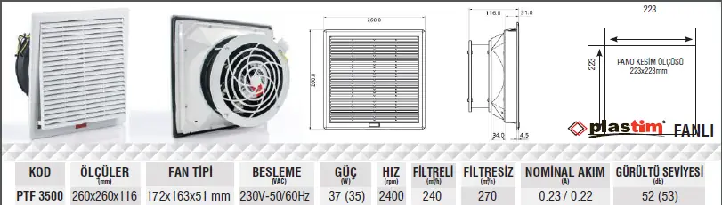 Plastim PTF3500 260x260x103mm 240m³/h IP54 Filtreli Fan 2025