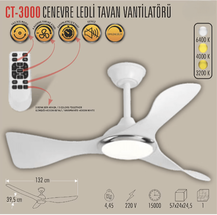 Cata Cenevre Ledli Tavan Vantilatörü Ct-3000