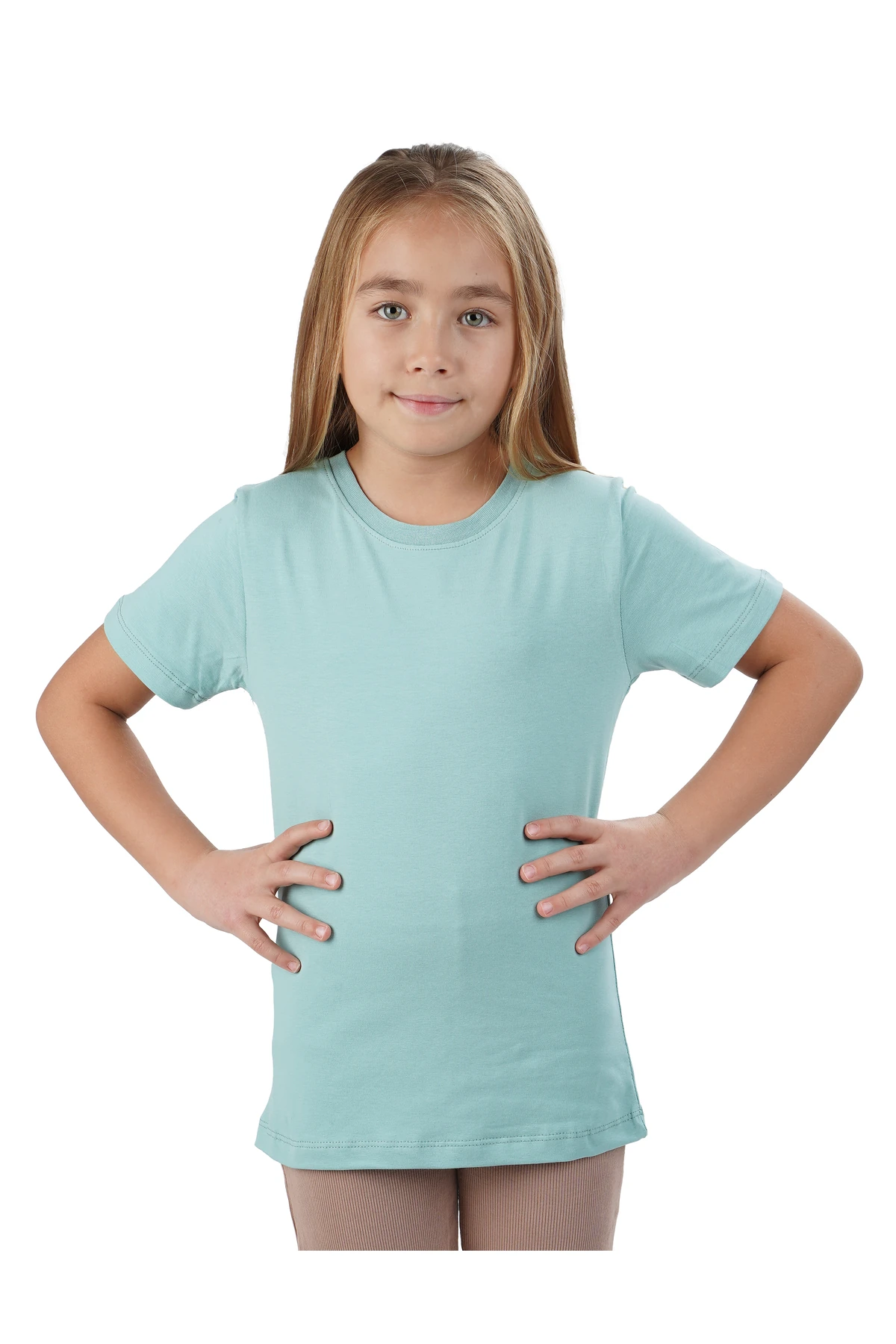 Unisex Kız Erkek Çocuk Badi Beyaz Kısakol Bisiklet Yaka Beyaz Tişört - çağla yeşili