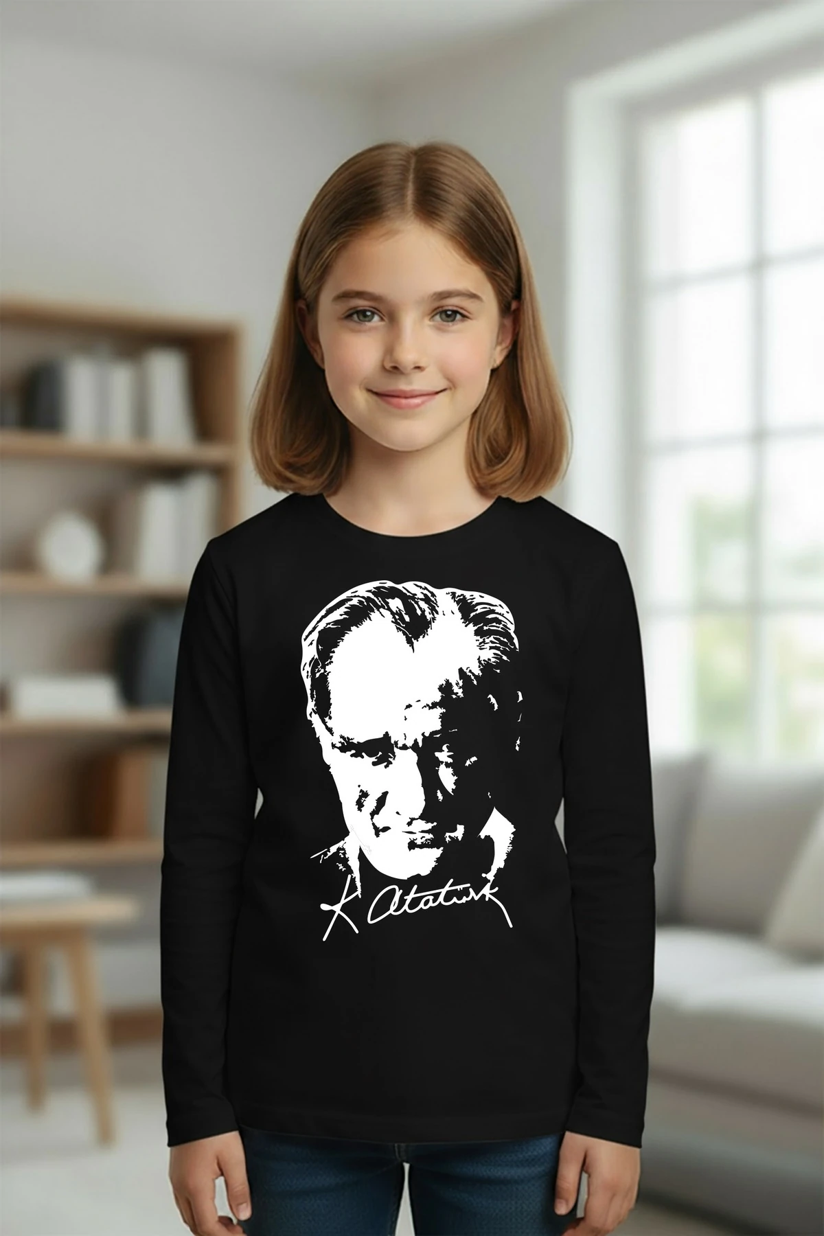 Atatürk Baskılı Beyaz Uzunkol Tişört (10 Kasım 29 Ekim 23 Nisan) - siyah