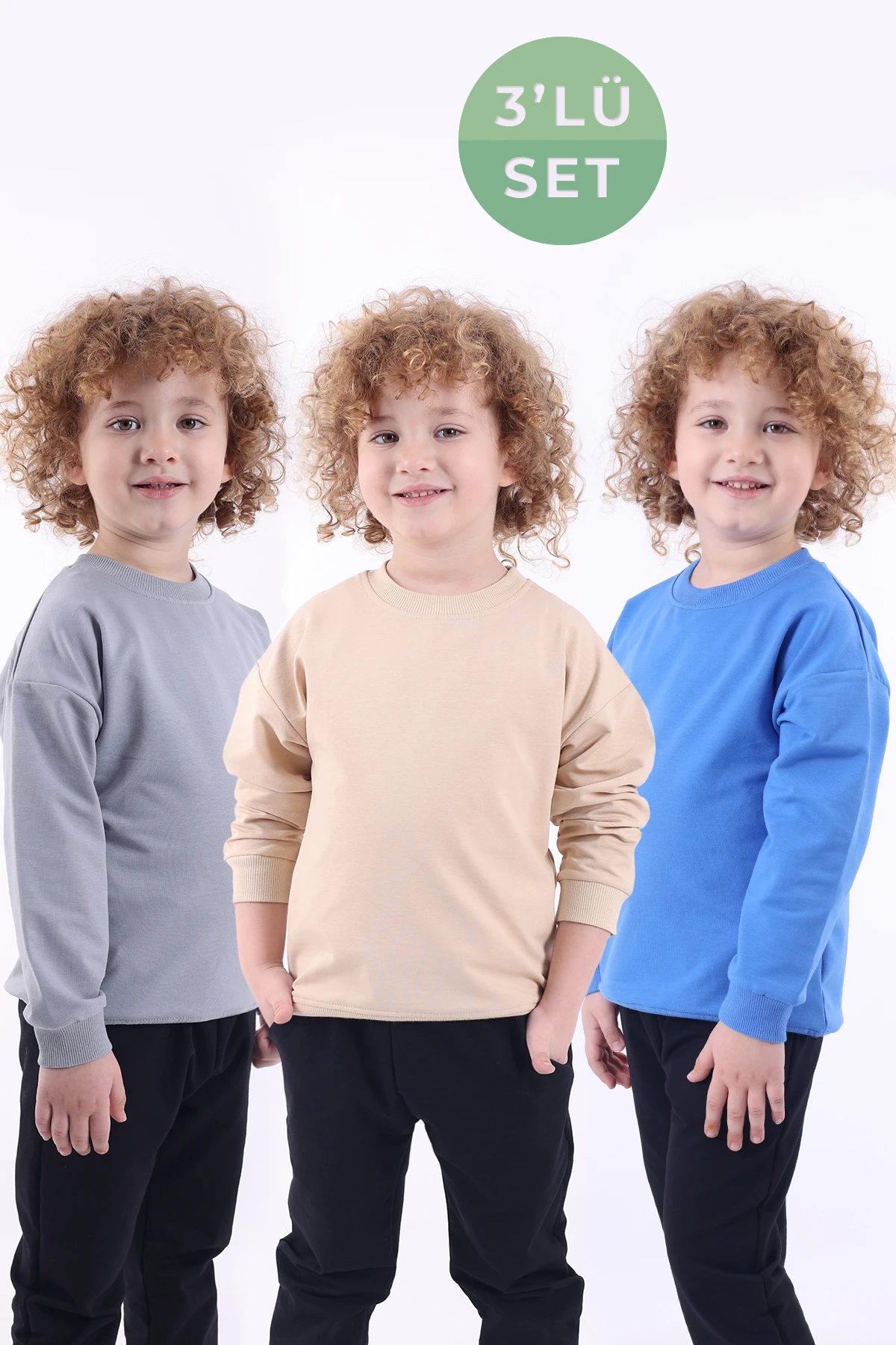 3 Lü Set Mevsimlik Oversize Basic Sweatshirt (GRİ BEYAZ BEJ) - mavi gri bej