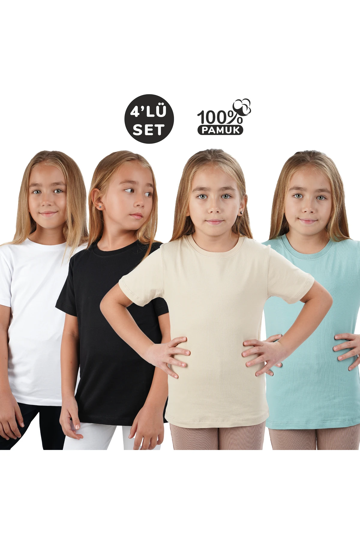 Siyah Beyaz Bej ve Çağla Yeşili Basic Kısa Kol Yazlık 4 lü Badi Tişört Unisex (Kız ve Erkek)