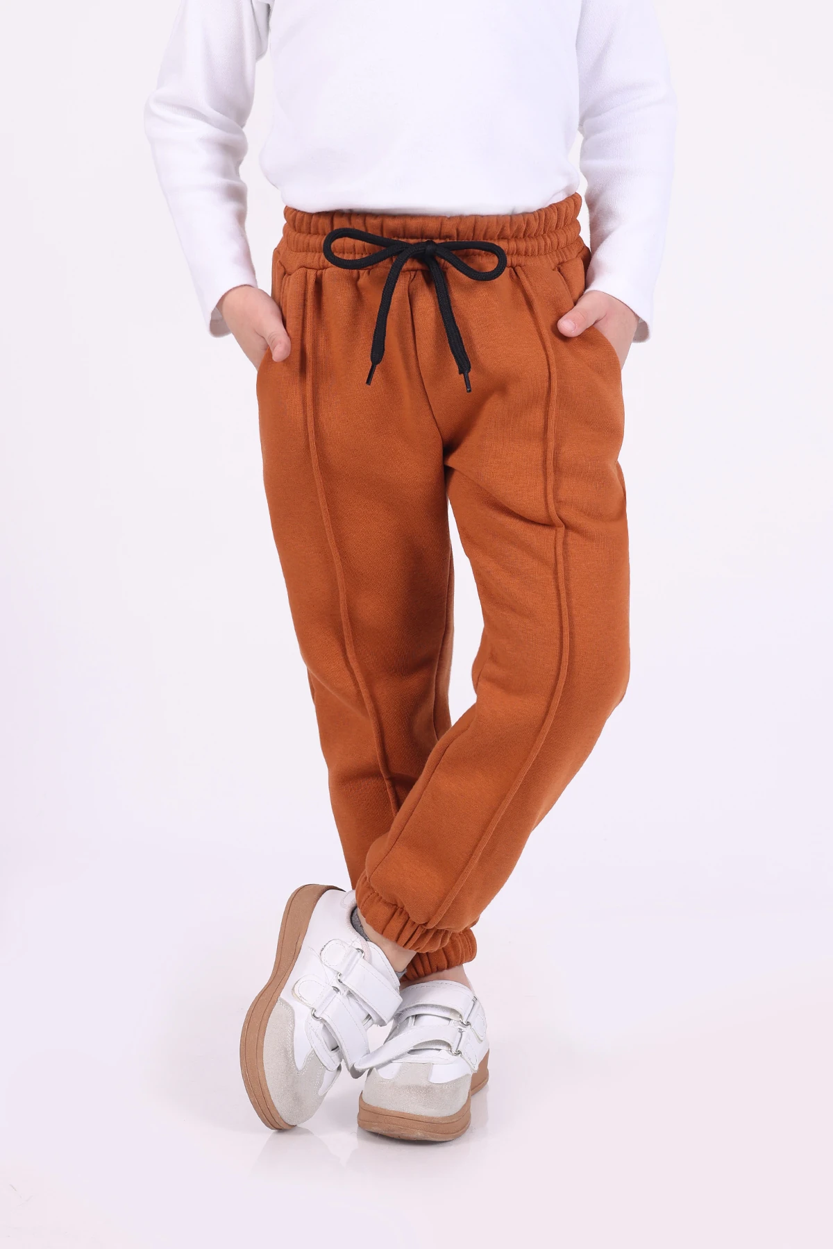 Kışlık İçi Polarlı 3 iplik Cepli Kız ve Erkek Çocuk Kahverengi Eşofman Altı