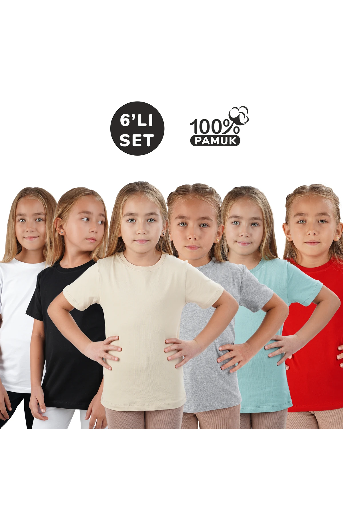 6 Lı Set Kısakol Bisiklet Yaka Mevsimlik Pamuk Tişört Badi(siyah Beyaz Bej Çağla  Gri Kırmızı )