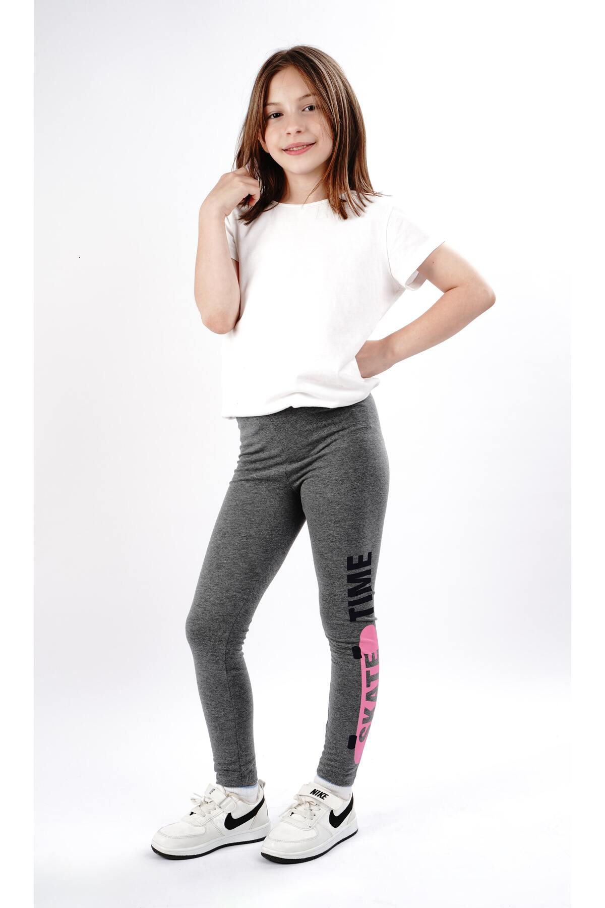 Kız çocuk tayt pamuklu likralı uzun tayt gri - antrasit