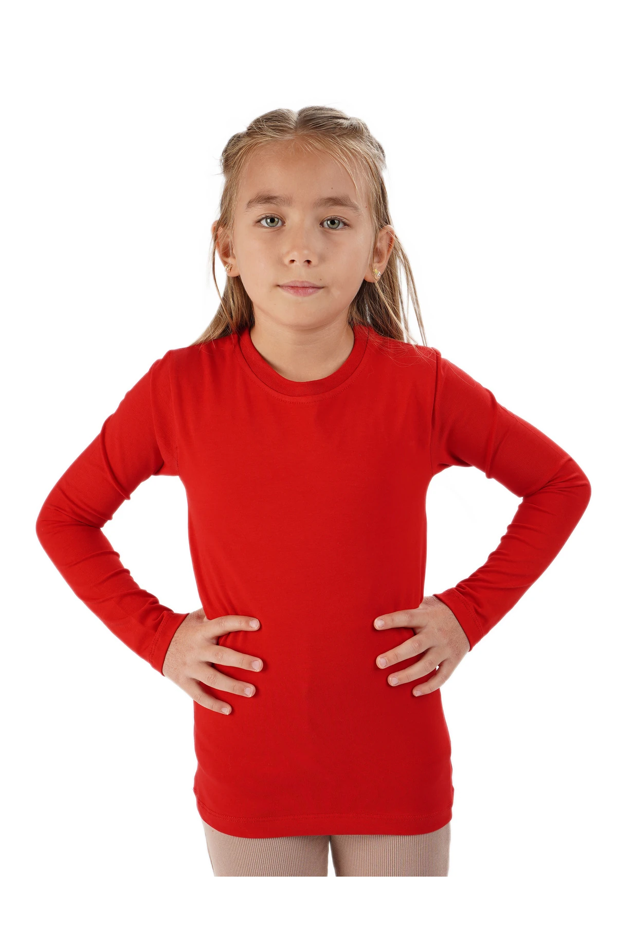 Unisex Kız Ve Erkek Çocuk Badi Bisiklet Yaka Uzun Kol Bej Tişört - kırmızı