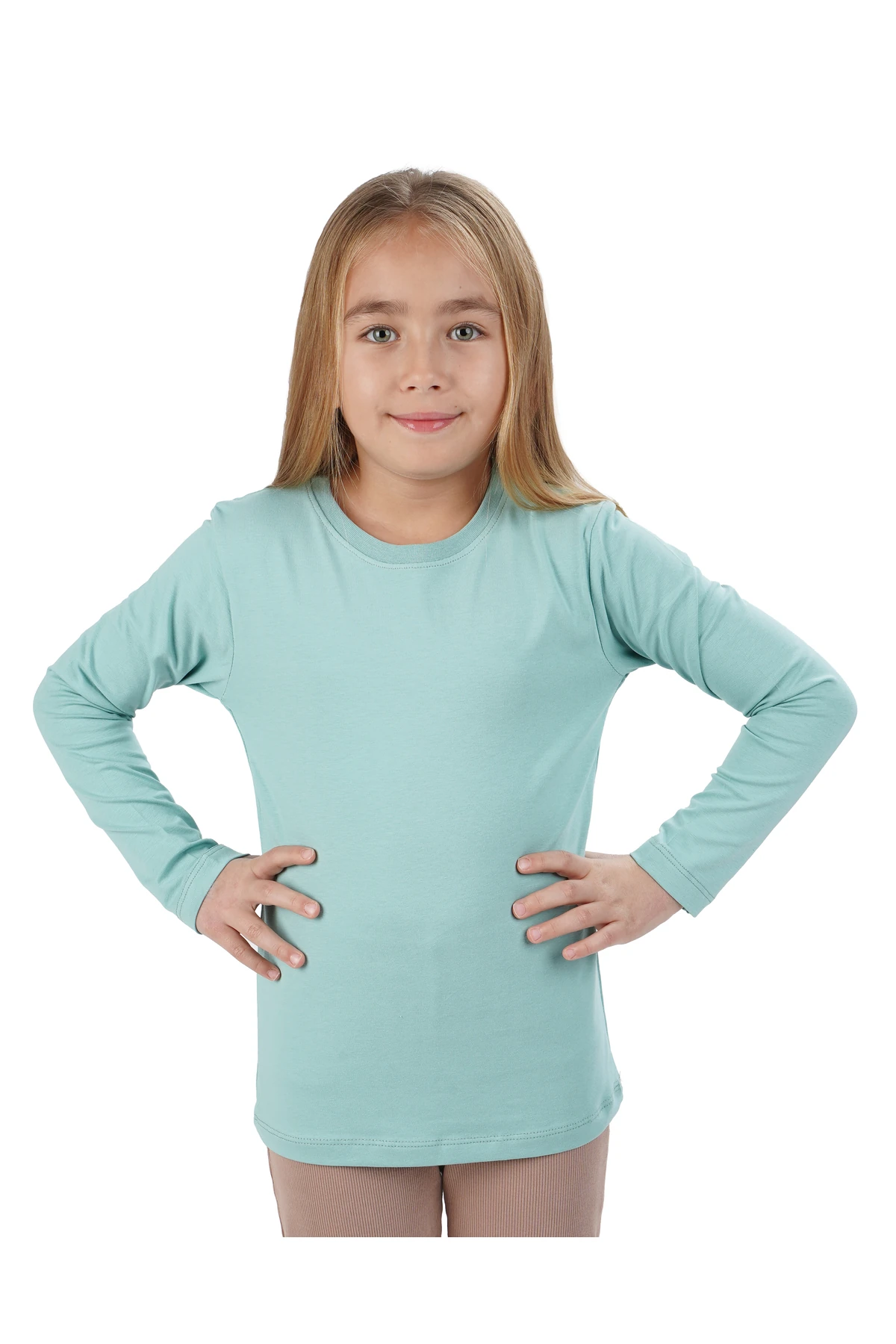 Unisex Kız Ve Erkek Çocuk Badi Bisiklet Yaka Uzun Kol Bej Tişört - çağla yeşili