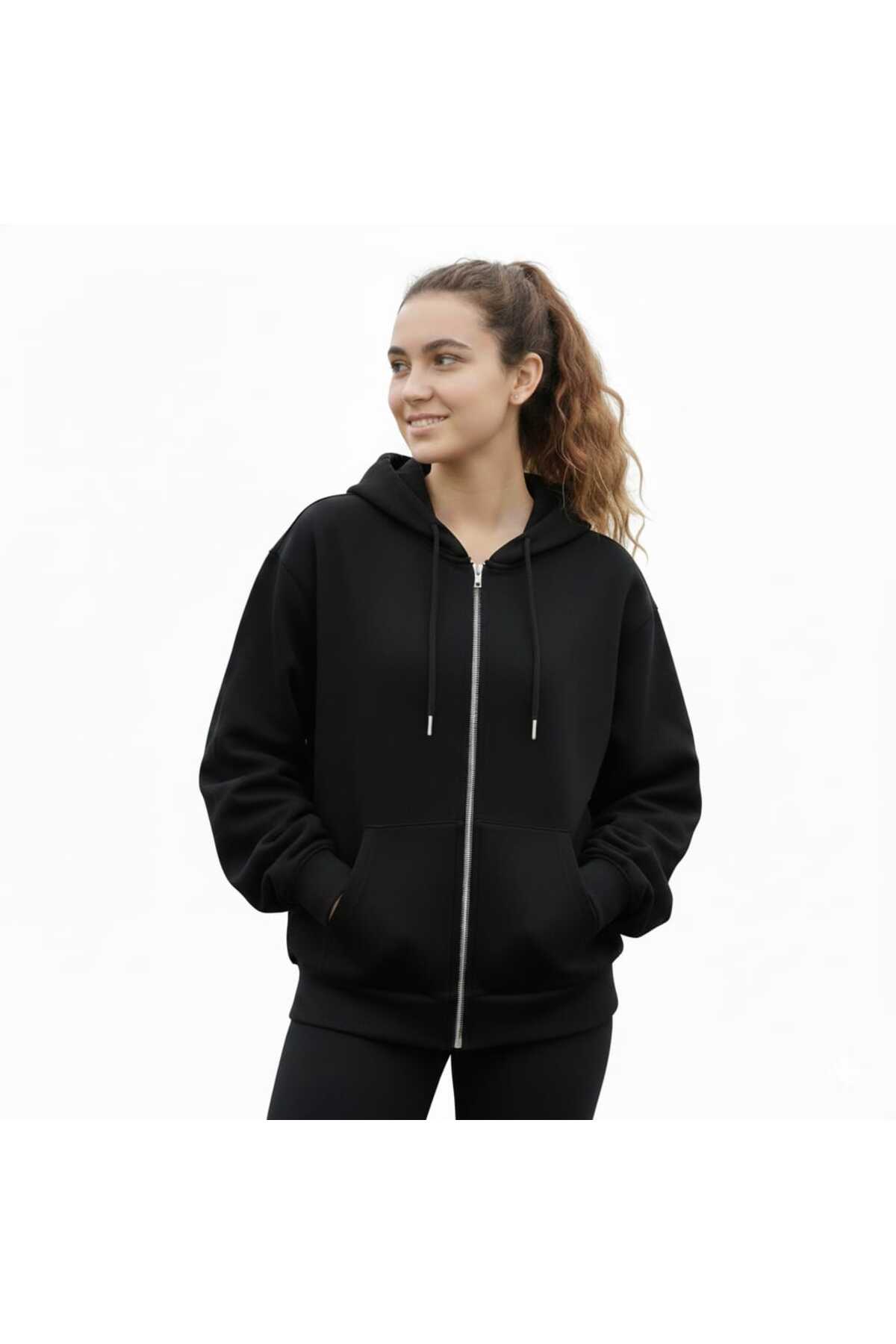 Kışlık 3 İp Şardonlu Kapüşonlu Unisex Çocuk Oversize Kanguru Cepli Fermuarlı Siyah Sweatshirt Hırka