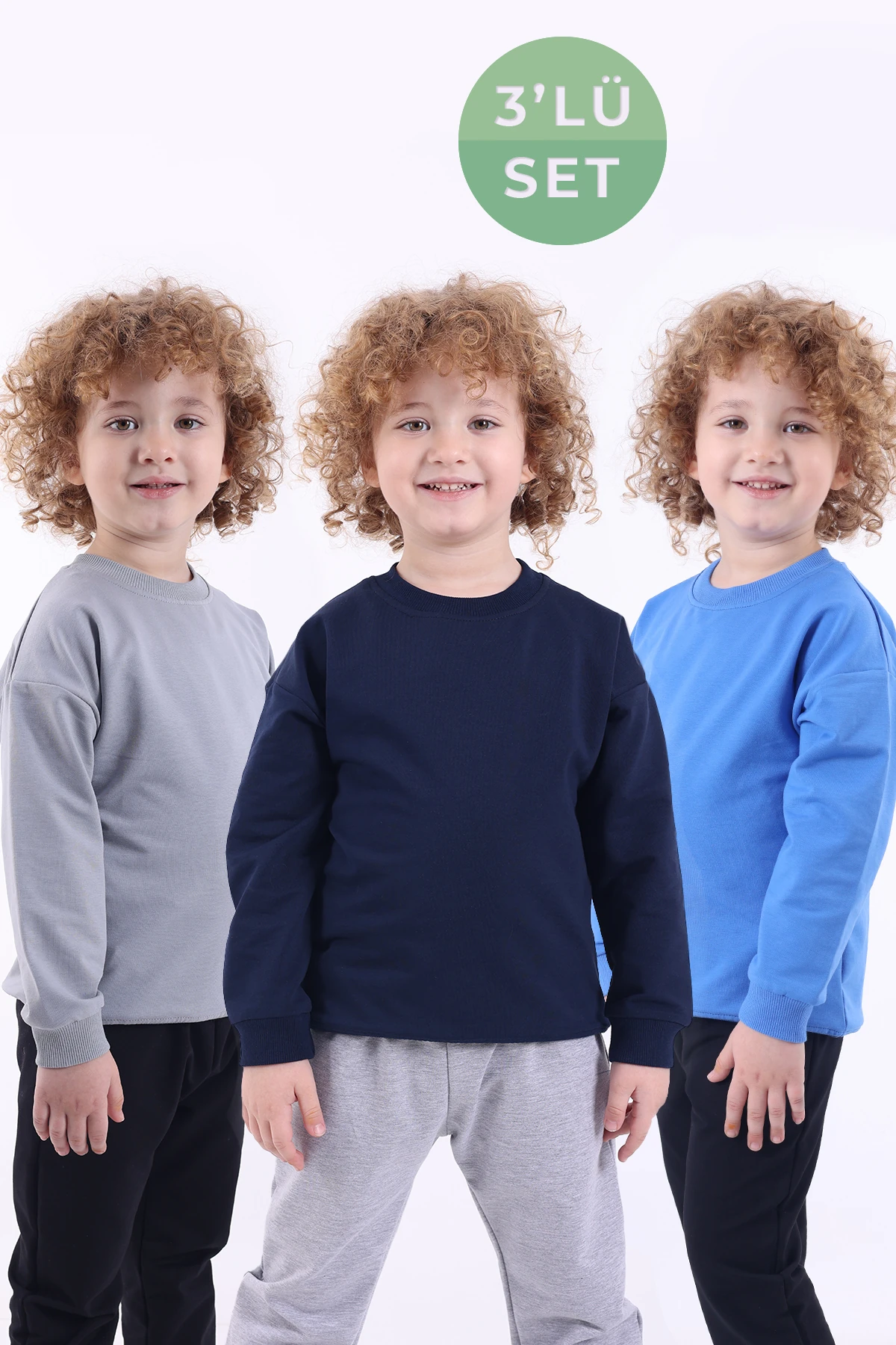 3 Lü Set Mevsimlik Oversize Basic Sweatshirt (GRİ BEYAZ BEJ) - lacivert mavi gri