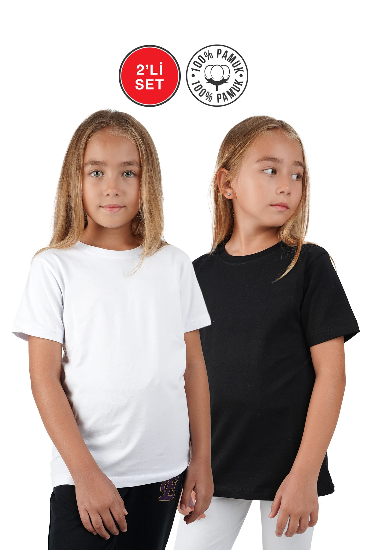 2 li set Beyaz ve Siyah Kısakol Bisiklet Yaka Likralı Badi Tişört  Unisex (kız ve erkek)