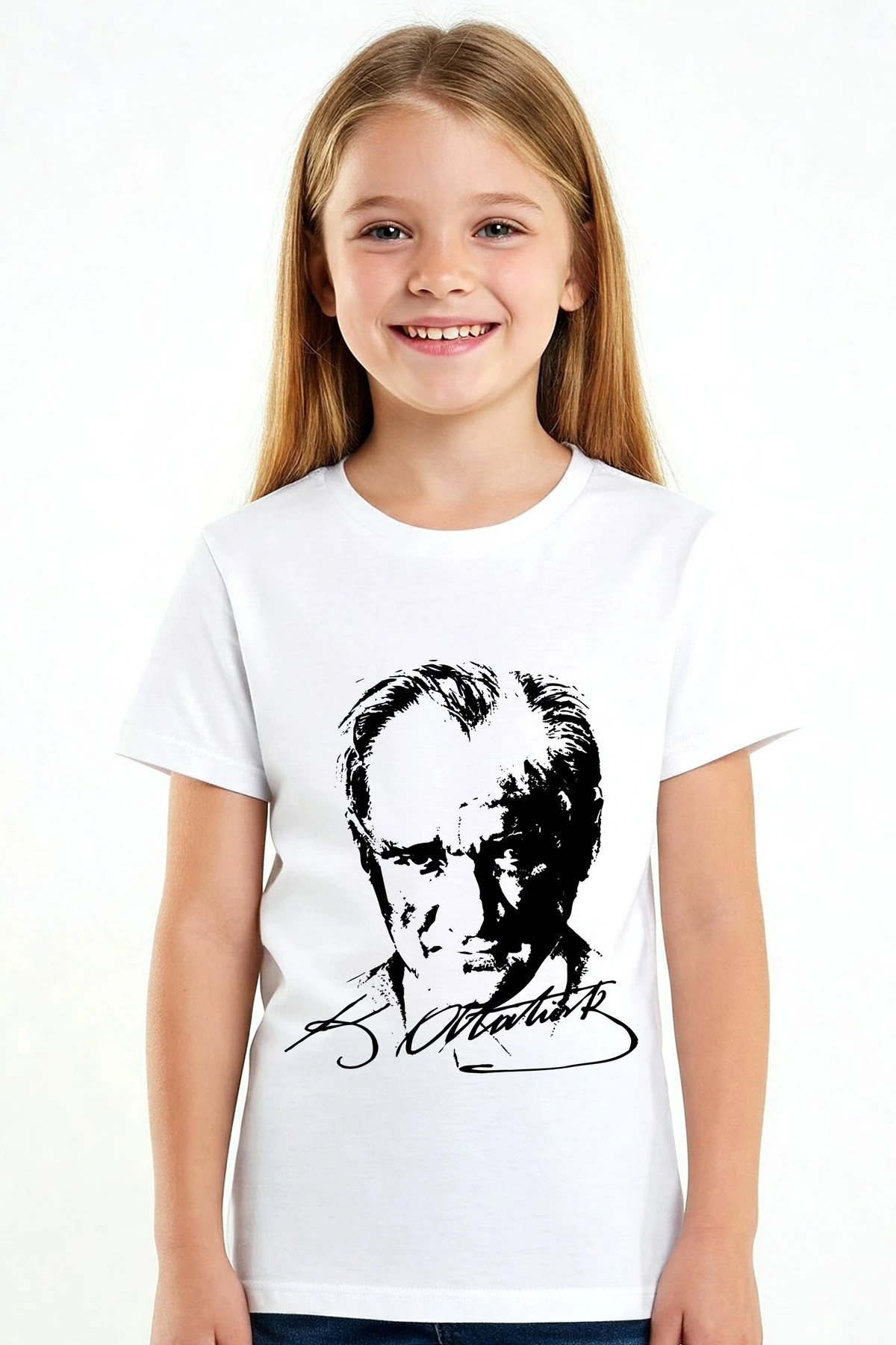 Atatürk Baskılı Beyaz Kısakol Tişört (23 Nisan  19 Mayıs)