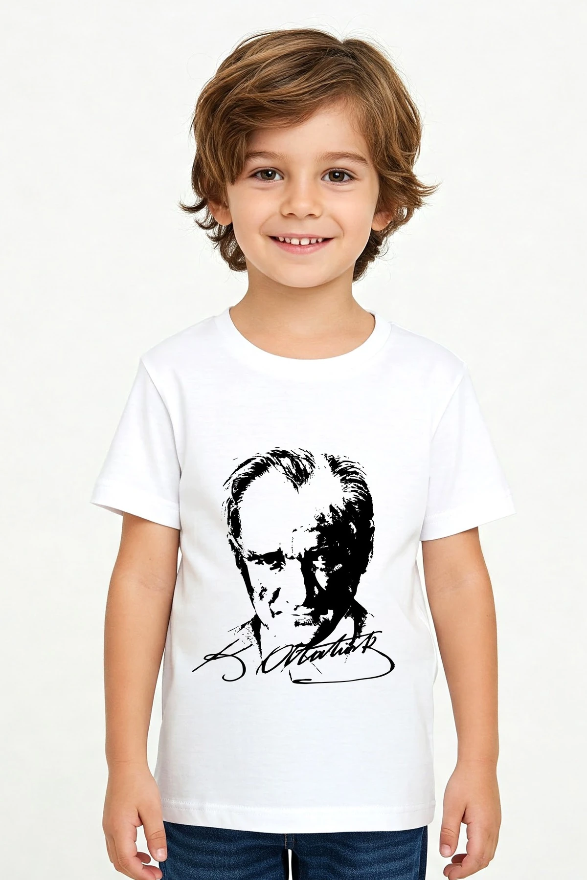 Atatürk Baskılı Beyaz Kısakol Tişört (23 Nisan  19 Mayıs) - beyaz