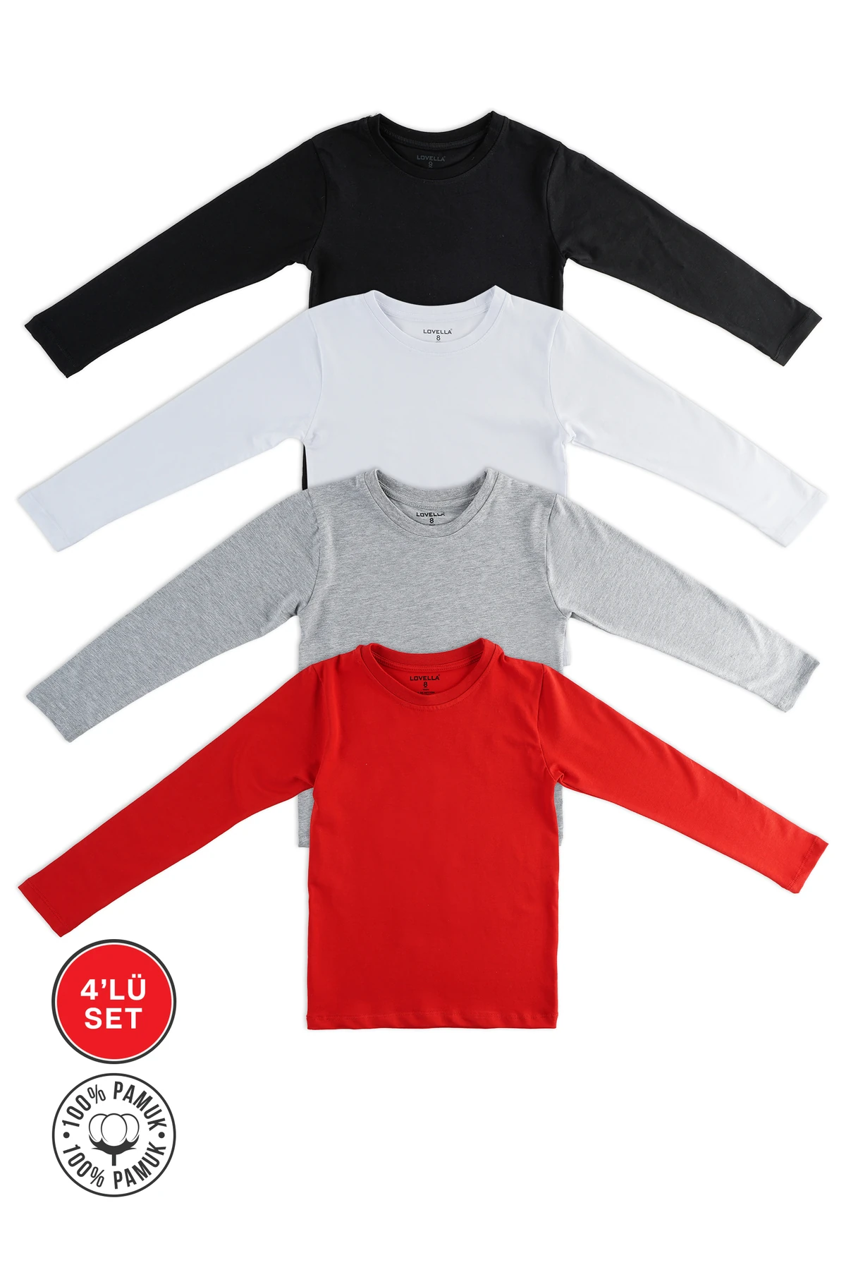 4 lü Set Uzunkol Bisiklet Yaka Mevsimlik Pamuk Tişört Badi (Beyaz  Siyah Bej Çağla Yeşili) - beyaz siyah gri kırmızı