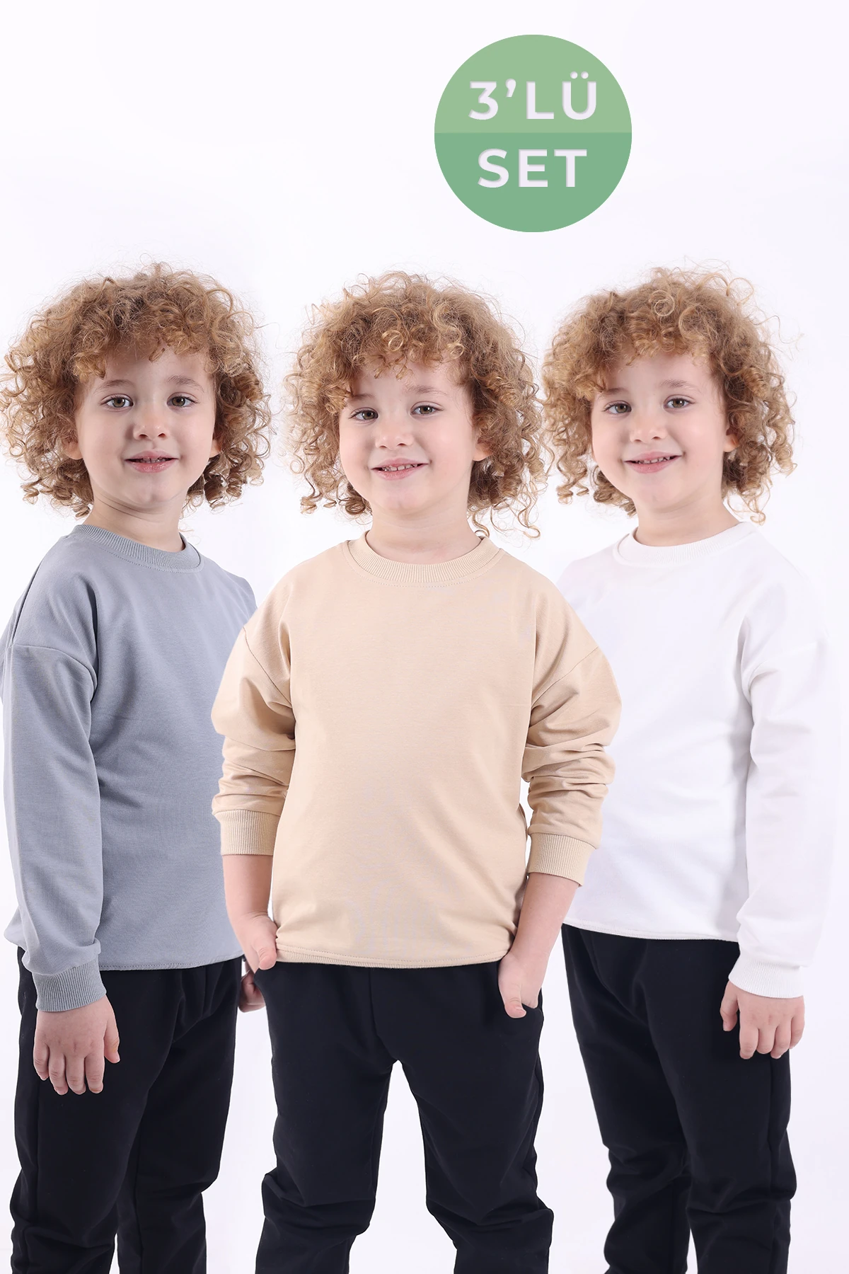 3 Lü Set Mevsimlik Oversize Basic Sweatshirt (GRİ BEYAZ BEJ) - gri beyaz bej