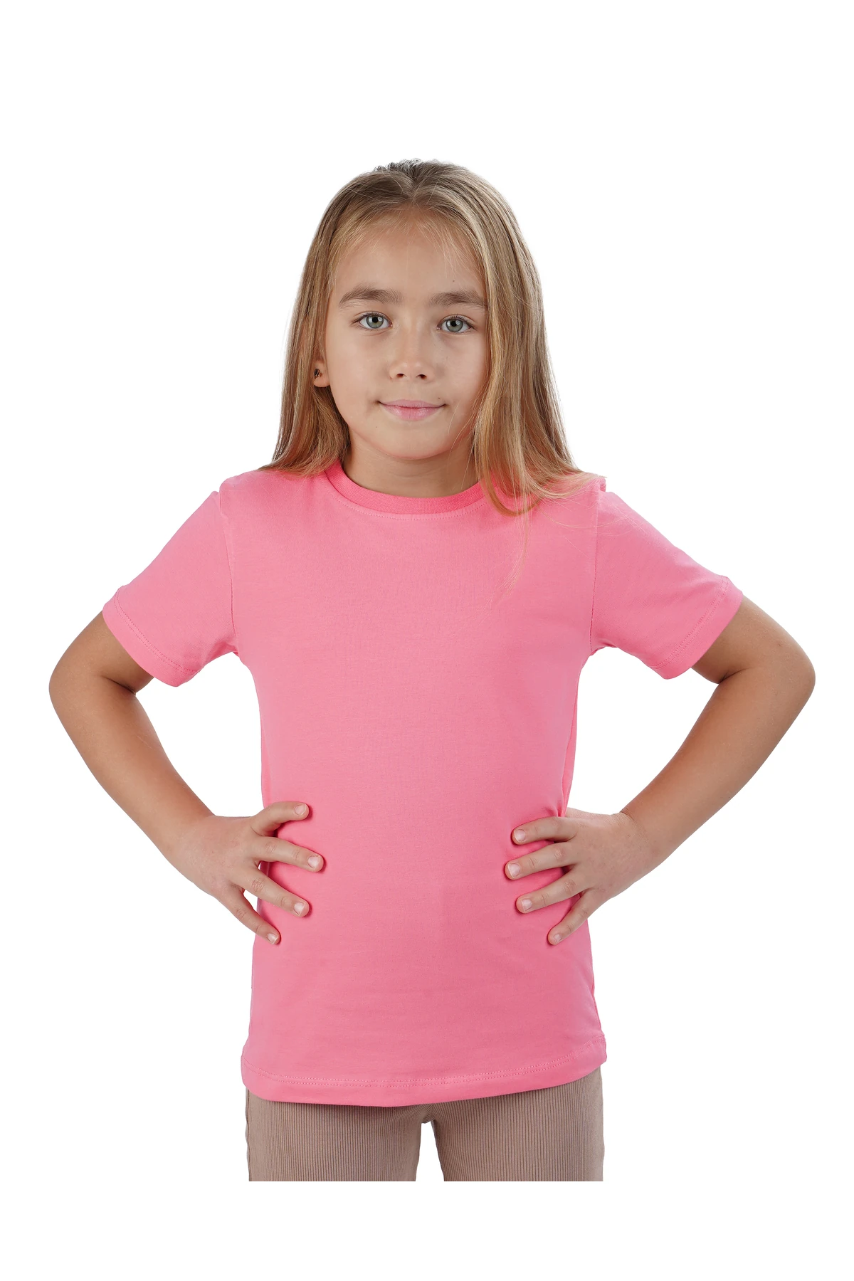 Unisex Kız Erkek Çocuk Badi Beyaz Kısakol Bisiklet Yaka Beyaz Tişört - pembe