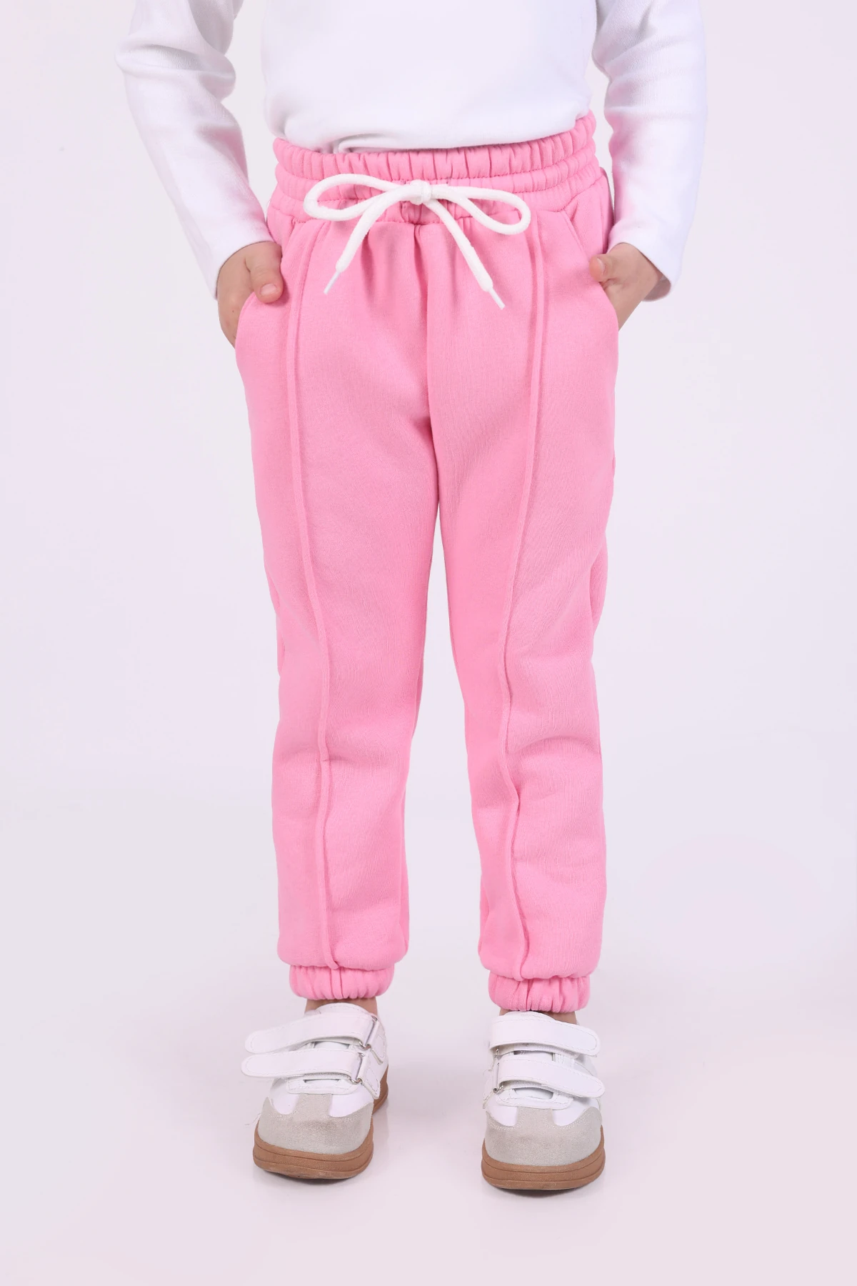 Kışlık İçi Polarlı 3 iplik Cepli Kız ve Erkek Çocuk Kahverengi Eşofman Altı - pembe