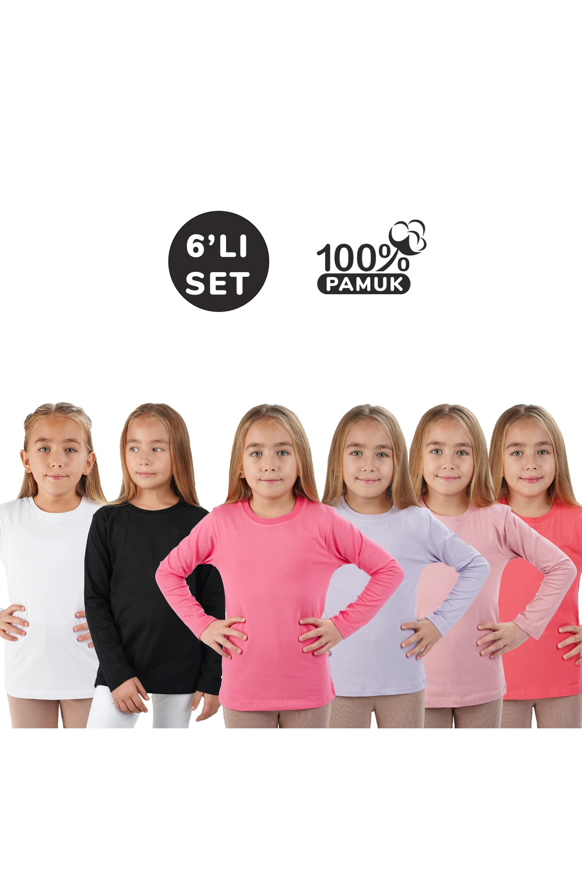 6 lı Set Uzunkol Bisiklet Yaka Mevsimlik Pamuk Tişört Badi (Beyaz Nar Siyah Pembe Pudra Lila)