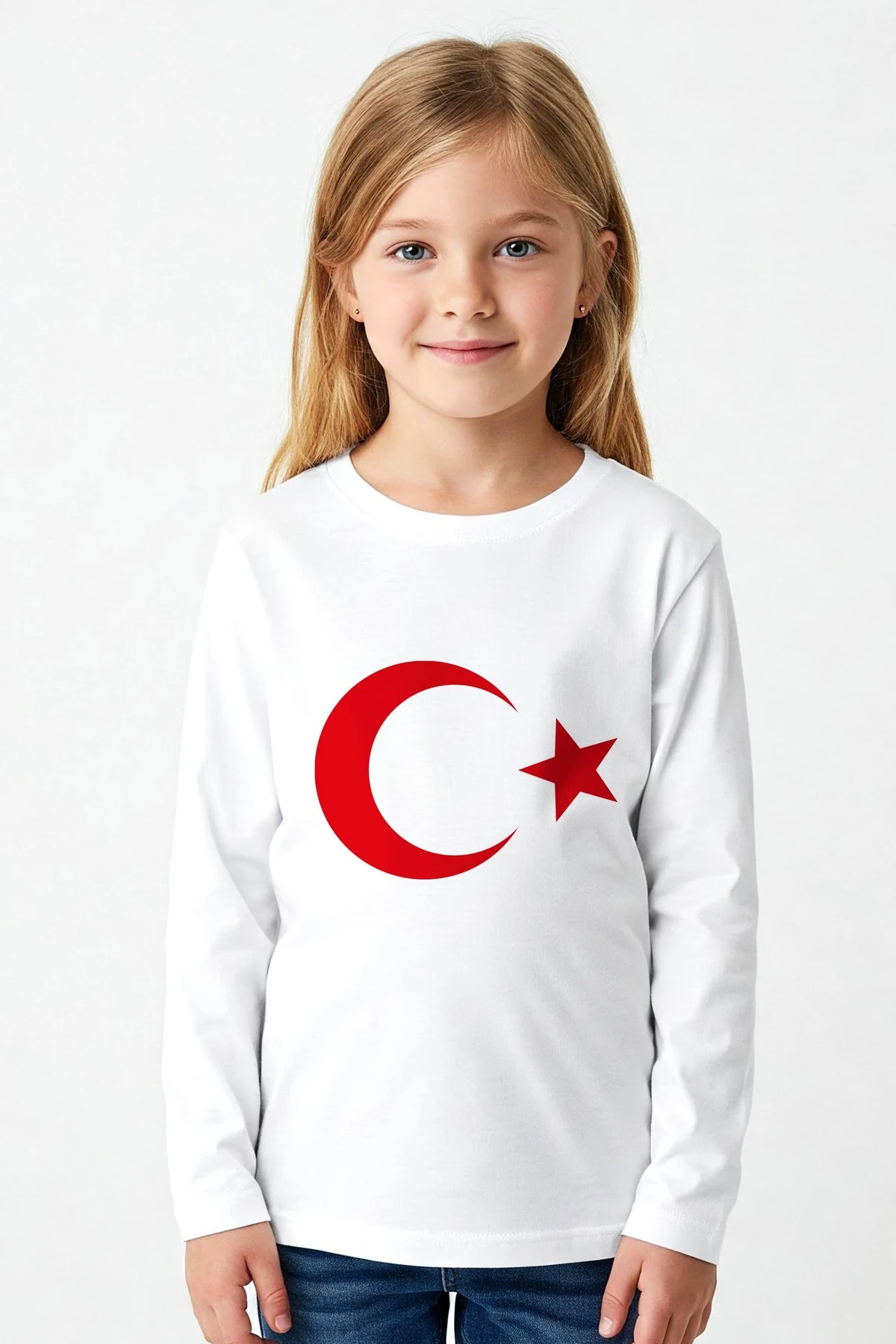 Türk Bayrağı Ay Yıldız Baskılı Beyaz Uzunkol Tişört (23 Nisan  19 Mayıs)
