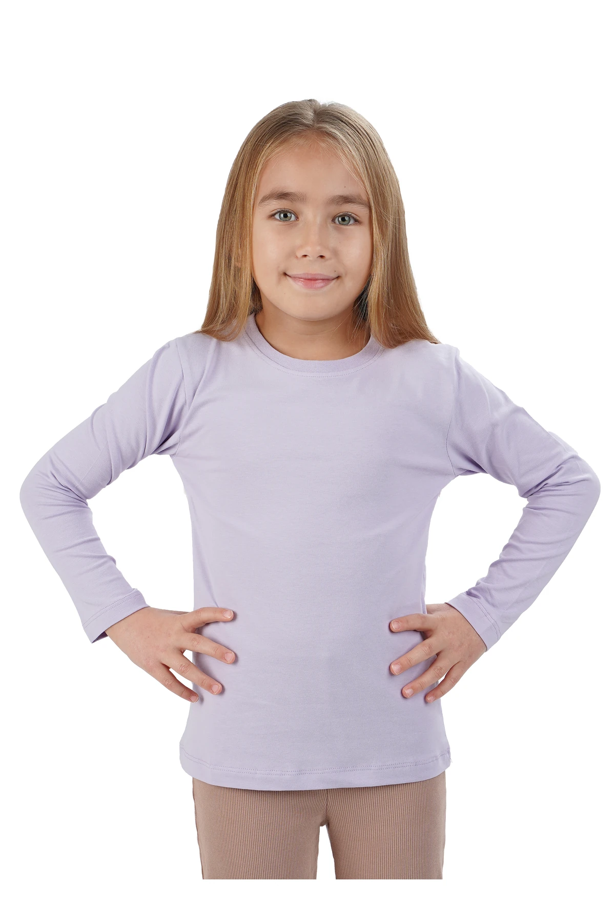 Unisex Kız Ve Erkek Çocuk Badi Bisiklet Yaka Uzun Kol Bej Tişört - lila